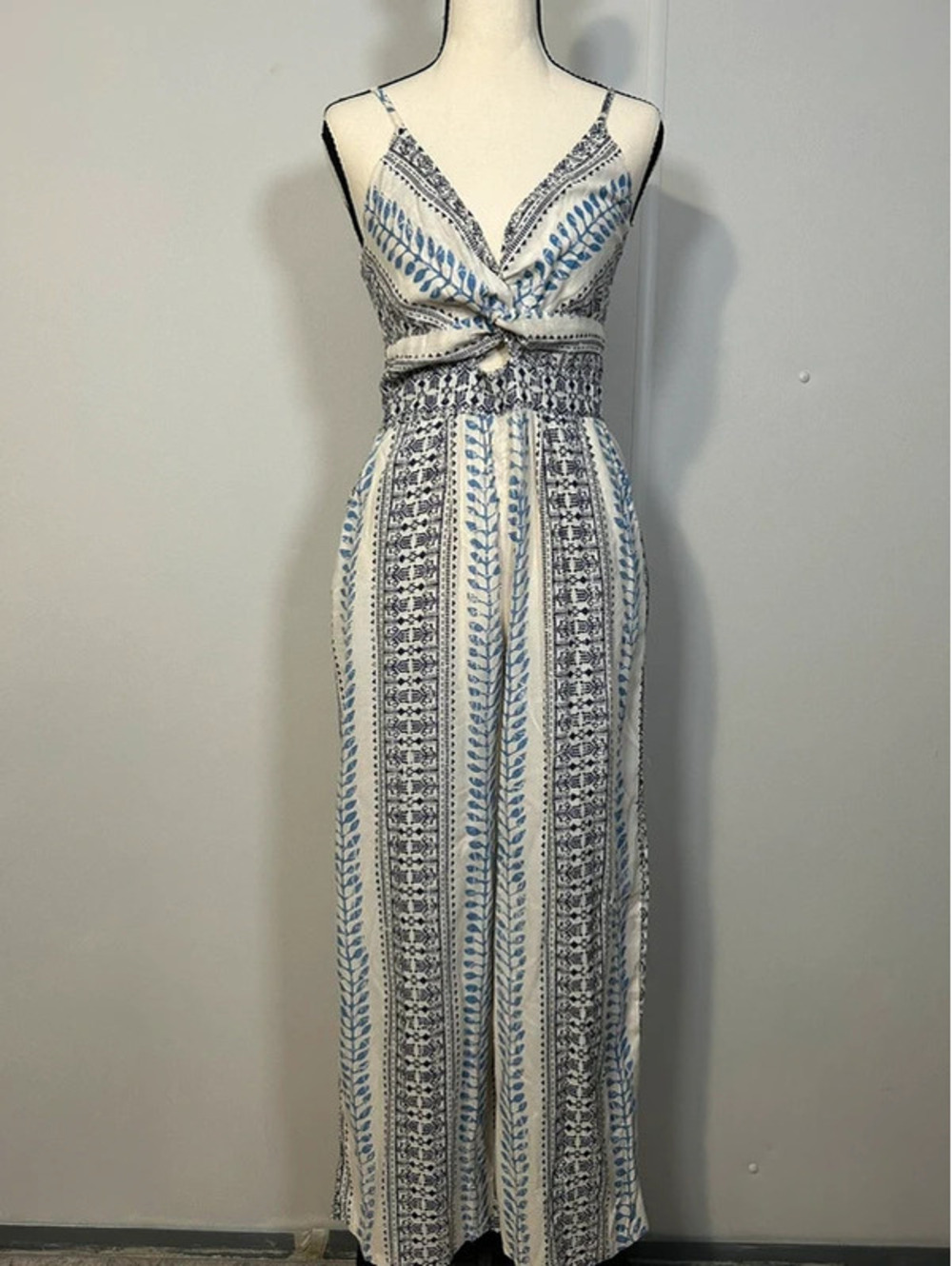 Angie Boho Blue & White Twist Front Wide Leg Jumpsuit Size M